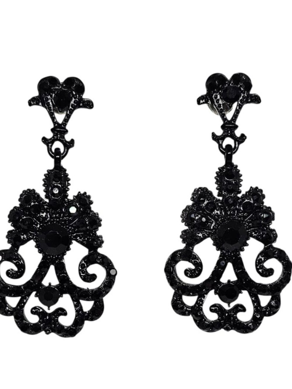 Gothic Black Rhinestone Lace Dangle Earrings Victorian Filigree Stud Drop